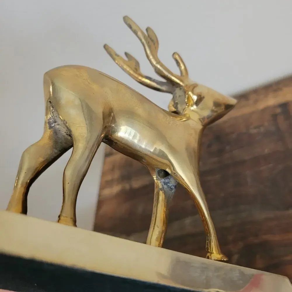 Vintage Brass Reindeer Stocking Hanger Long Arm Heavy Mantel Hook Stag 5.75